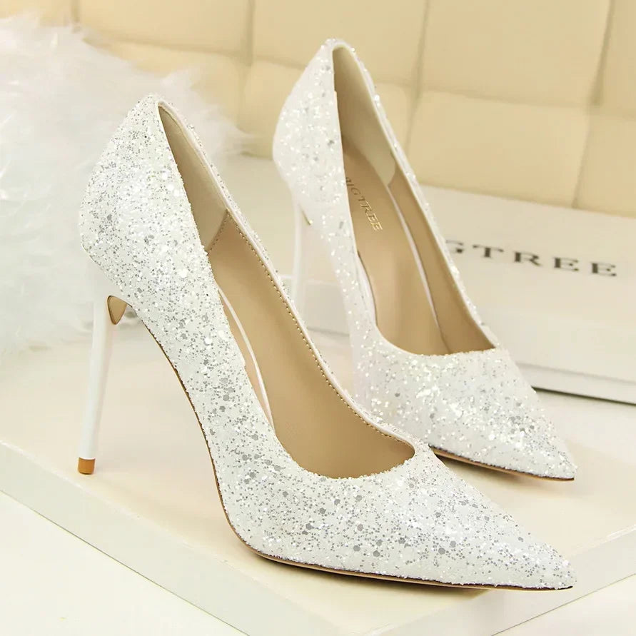 Women Luxury Bling Red  Blue Valentine Party Scarpins Pumps Lady Glitter Sequins 7cm 9.5cm High Heels Designer Shoes Plus Size