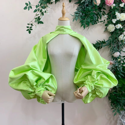 Puffy Sleeves Satin Bolero Topper Blouse Cover Arms Fashion Green Jacket Cloak Short Shawl High Neck With Buttons Customize