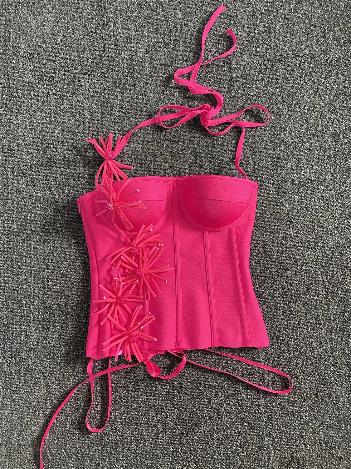 2025 New Hot Pink Bandage Skirt Sets Women Sexy Halter Bodycon Top And Flowers Mini Skirt Two Piece Sets Evening Party Outfit