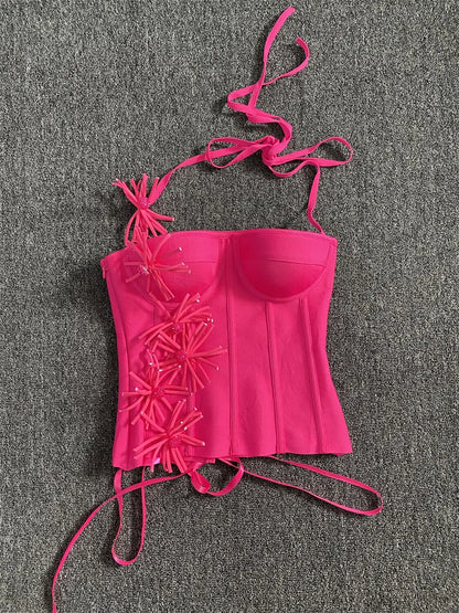 2025 New Hot Pink Bandage Skirt Sets Women Sexy Halter Bodycon Top And Flowers Mini Skirt Two Piece Sets Evening Party Outfit