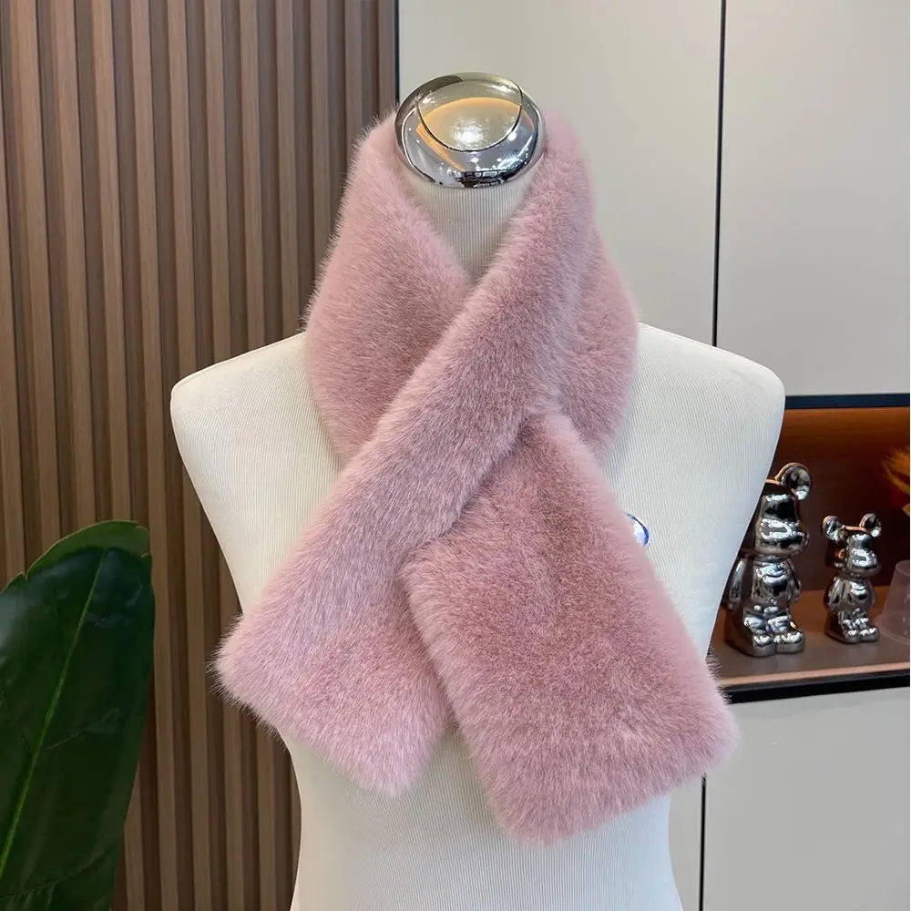 Korean Women Winter Warm Thicken Cross Collar Scarf Imitation Faux Rabbit Fur Scarf Solid Furry Neck Warmer Cold Proof Scarves