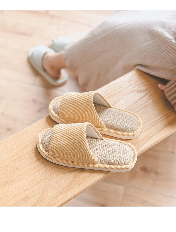 UTUNE Natural Linen Women's Slippers Mute Comfortable Indoor Home Couple Shoes Soft Sole Anti-slip Couple Four Season Slides