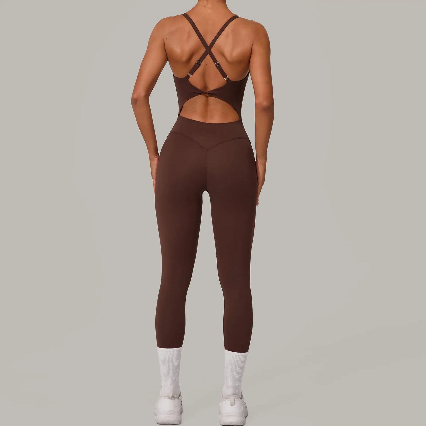 New Nylon Pad V-Neck Wrap Yoga Bodysuit - Adjustable Hook Tummy Control Butt Lift Workout Jumpsuit