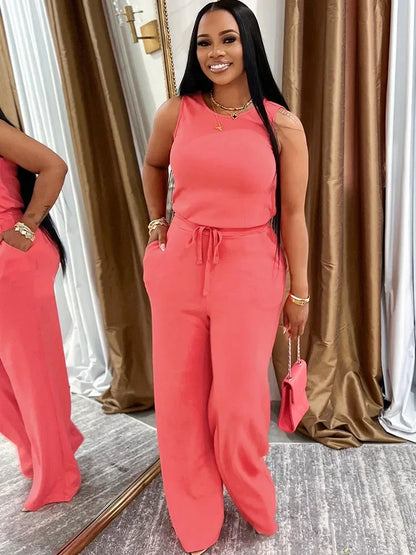 Solid Casual Jumpsuit for Women Sleeveless Drawstring High Waist One Pieces Rompers and Jumpsuits Summer Outfits Combinaison