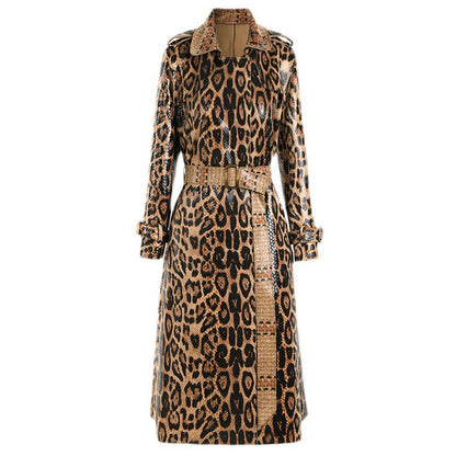 2102 High-quality Spring And Autumn Snake Skin Leopard Print Long Sleeved Leather Belt Temperament Coat Women's Trench Coat