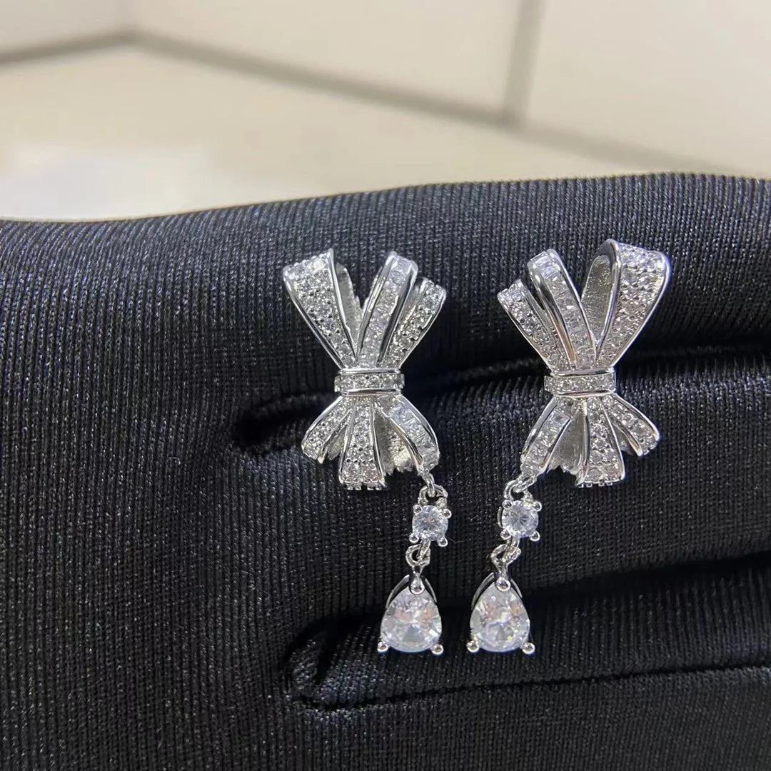 Fashion luxury jewelry S 925 sterling silver bow full diamond women's earrings. Valentine's Day gift
