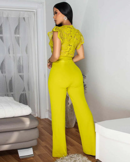 Women Outfits Elegant Luxury One Piece V Neck Romper Bandage High Waist Sexy See-Through Lace Patchwork Sleeveless Jumpsuits