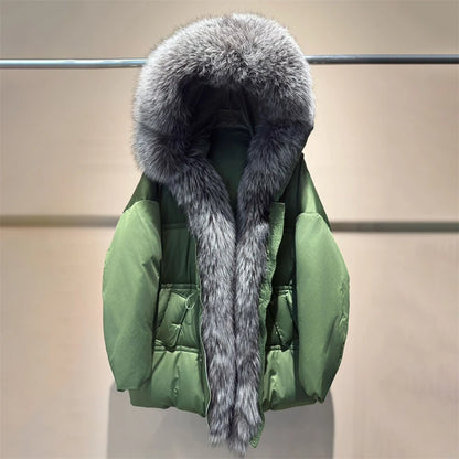 Winter New Arrival Women's Long down Jacket withLargeFox Fur Collar Fashionable Waist-Cinching Drawstring Loose Goose down Coat