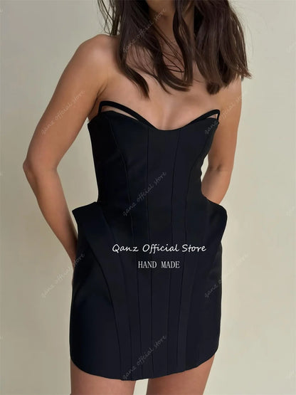 Qanz Sexy Mini Prom Dresses Black Satin Sweetheart Short A Line Vestido De Gala Backless Birthday Dress Ror Woman Customized