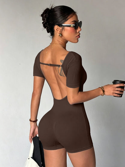 Short sleeved yoga jumpsuit with hollowed out back, casual fitness pants, one-piece quick drying