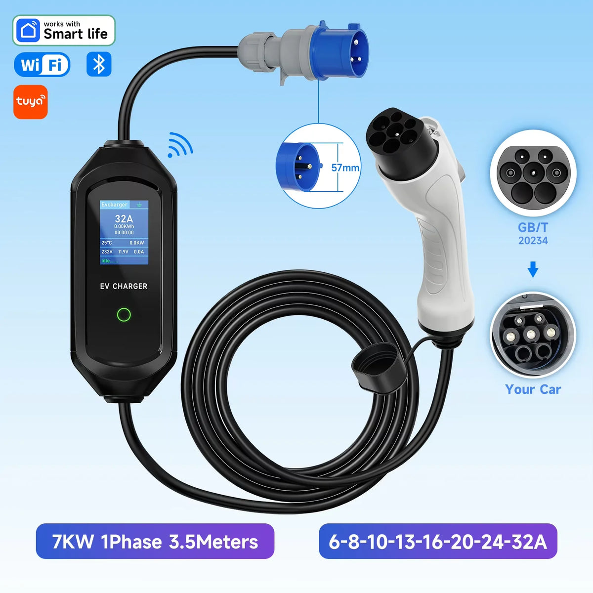7KW Portable EV Charger Type2/Type1/GBT Electric Car Charger 32A 1Phase Wallbox Fast Charging Cable WiFi APP Bluetooth Control