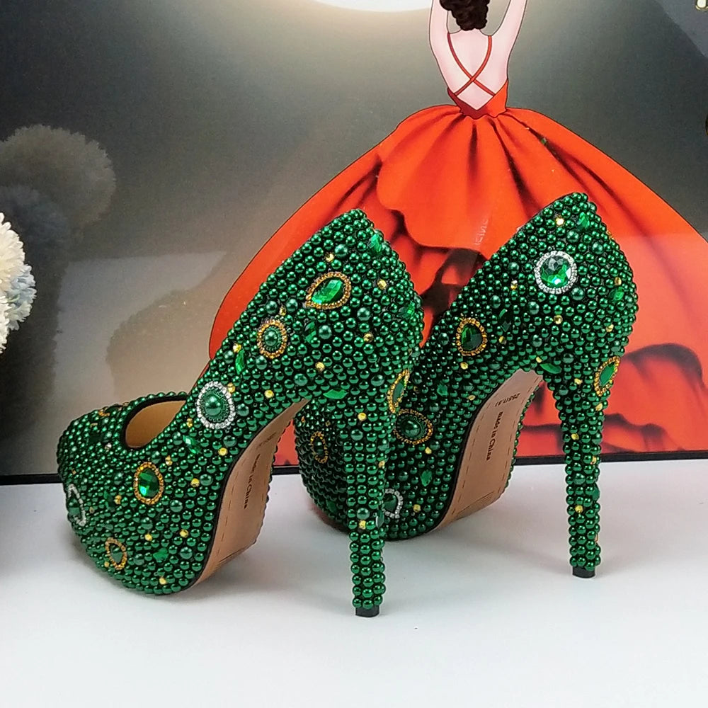 Fashion New Arrival Green Pearl Bridal Shoes and Bag Set Woman Party Dress Shoes Big Size Ankle Strap Buckle Shoes High Pumps