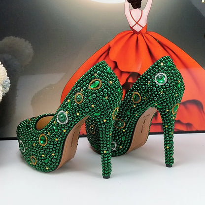 Fashion New Arrival Green Pearl Bridal Shoes and Bag Set Woman Party Dress Shoes Big Size Ankle Strap Buckle Shoes High Pumps