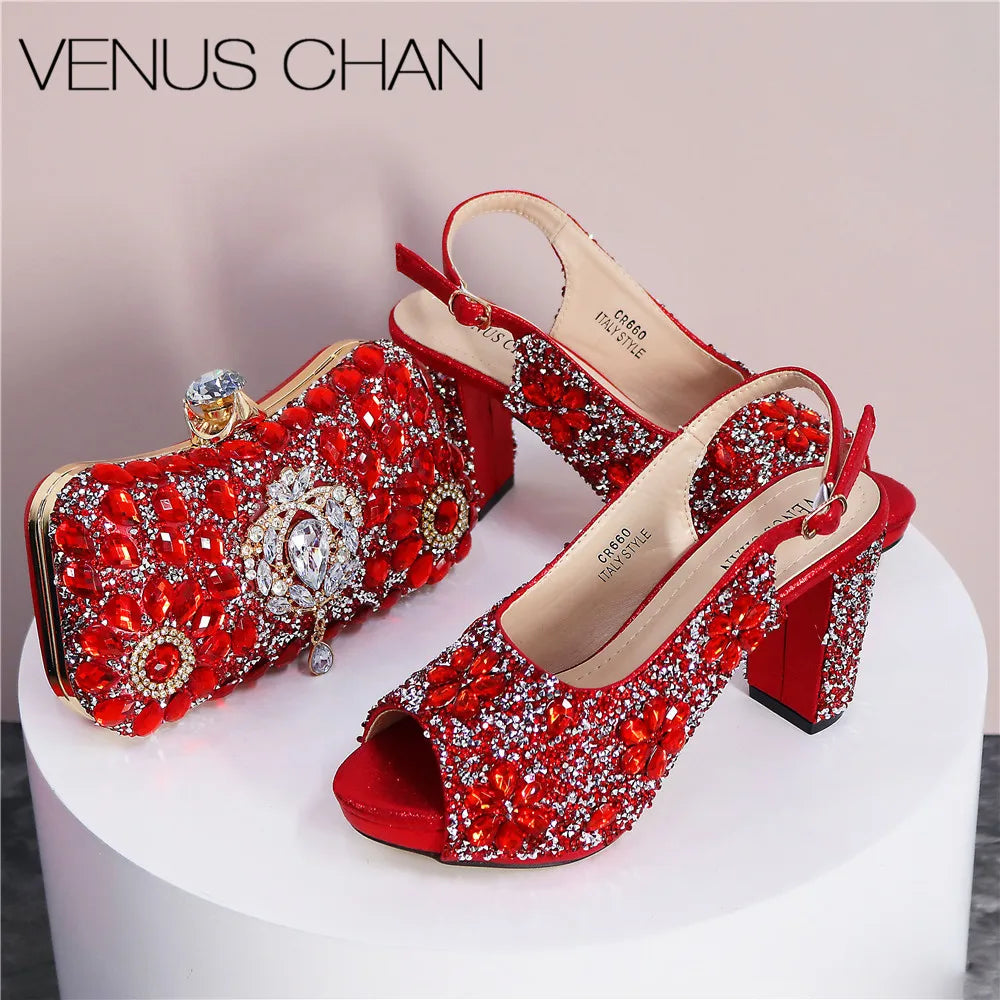 2024 Latest Italian Design African Women's High Heels Round Head Sandals Party Wedding Party Golden Color Shoes and Bags Set