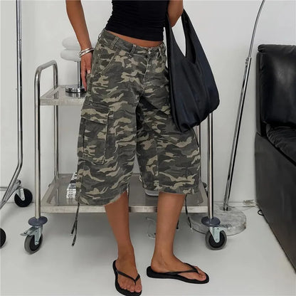 Women Camouflage Cargo Capri Pants Low Waist Multi Pocket Drawstring Hem Denim Bermuda Shorts Y2K Vintage Streetwear