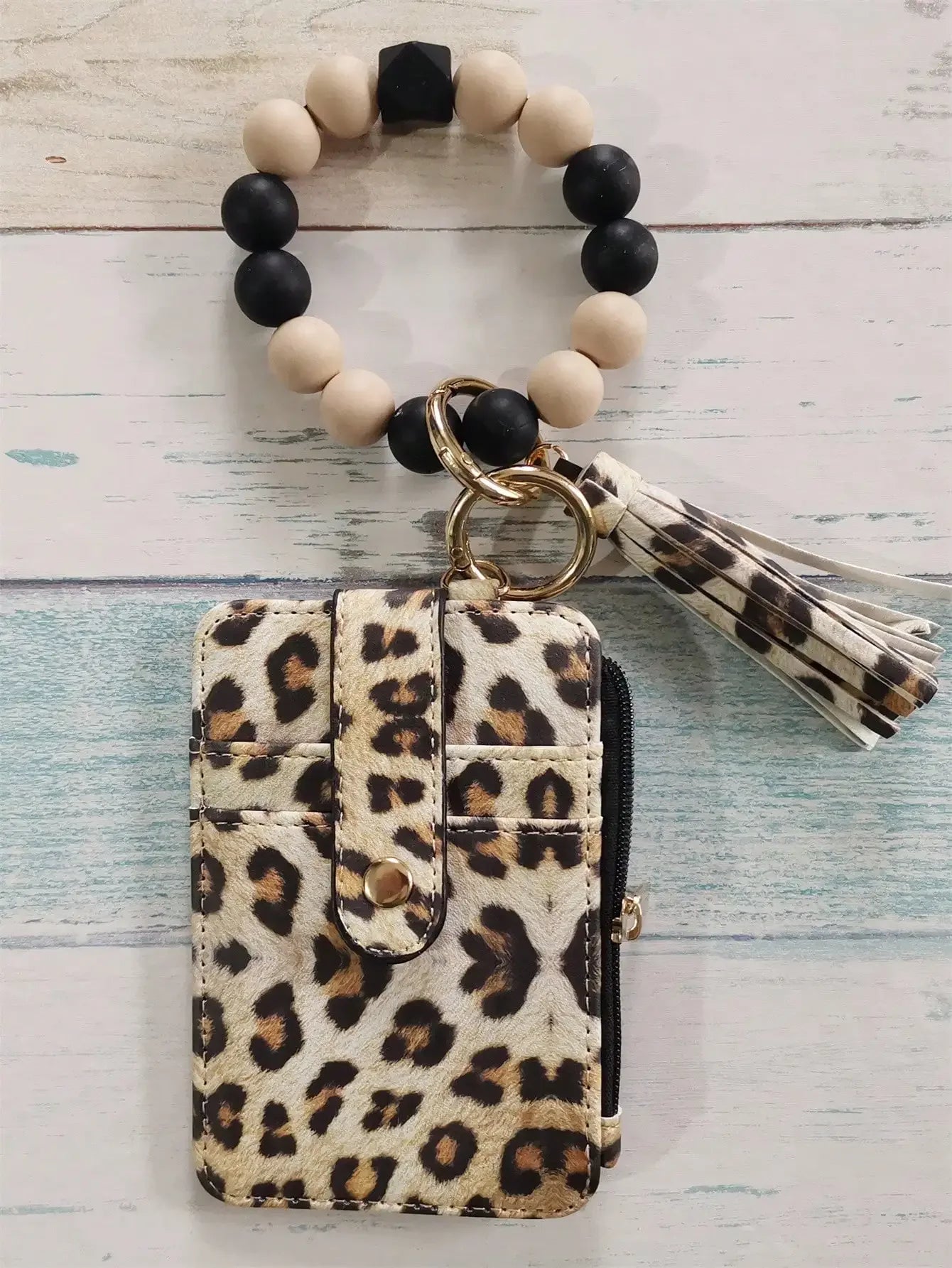 Leopard Print PU Card Holder Wallet with Silicone Beaded Wristlet Keychain, Multi Card Slots Zipper Coin Purse with Tassel Charm for Women Daily Carry