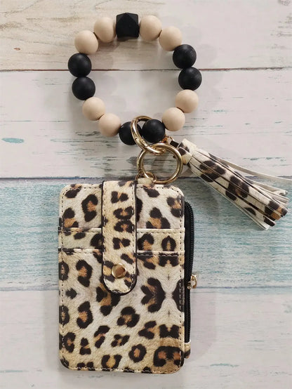 Leopard Print PU Card Holder Wallet with Silicone Beaded Wristlet Keychain, Multi Card Slots Zipper Coin Purse with Tassel Charm for Women Daily Carry