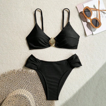 Sexy Pleate High Waist Bikini Set 2026 Women Orange Metal Buckle Push Up Two Piece Swimsuit Beach Bathing Suit Holiday Swimwear