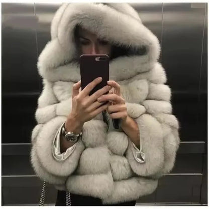 Fashion Winter Women Imitation Fox Fur Jacket Hooded Loose Long Sleeves Female Eco Fur Coat Patchwork Plush Thick Lady Fur Coat