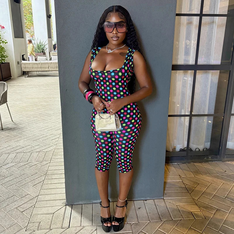 Sexy spicy girl print retro polka dot sleeveless square neck big backless seven part slim fit jumpsuit