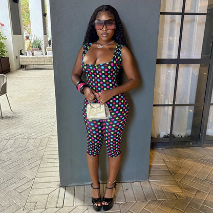 Sexy spicy girl print retro polka dot sleeveless square neck big backless seven part slim fit jumpsuit