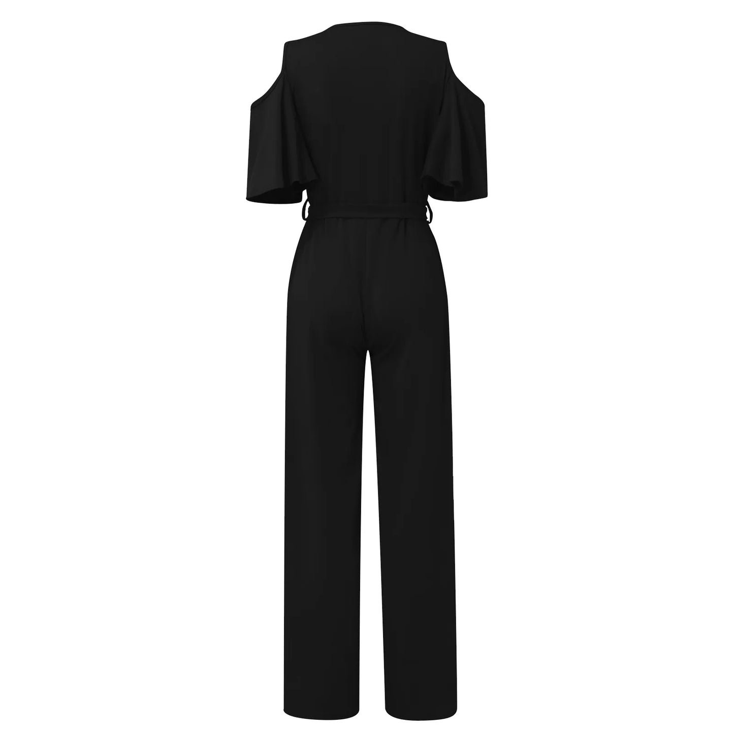 Jumpsuit Summer Pure Color Women Sexy Deep V Neck Short Sleeve Rompers Fashion Slim Fit Lace Up Elegant Female Wide Leg Jumpsuit
