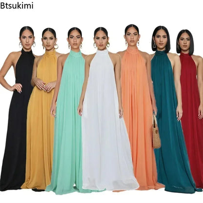 2026 New Women's Solid Chiffion Loose Halter Jumpsuits Sexy Backless Wide Leg Pants Rompers Fashion Party Elegant Women Clothing