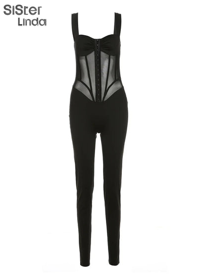 Sisterlinda Mesh Patchwork Hipster Jumpsuit Women Sleeveless Single-Breasted Elegant Sexy Midnight Workout Overalls Clubwear2024