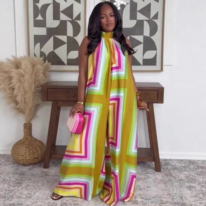 New Design African Fashion Women Jumpsuit Summer Geometric Printed Halter Sleeveless Wide Leg Jumpsuits Oufits Streetwear