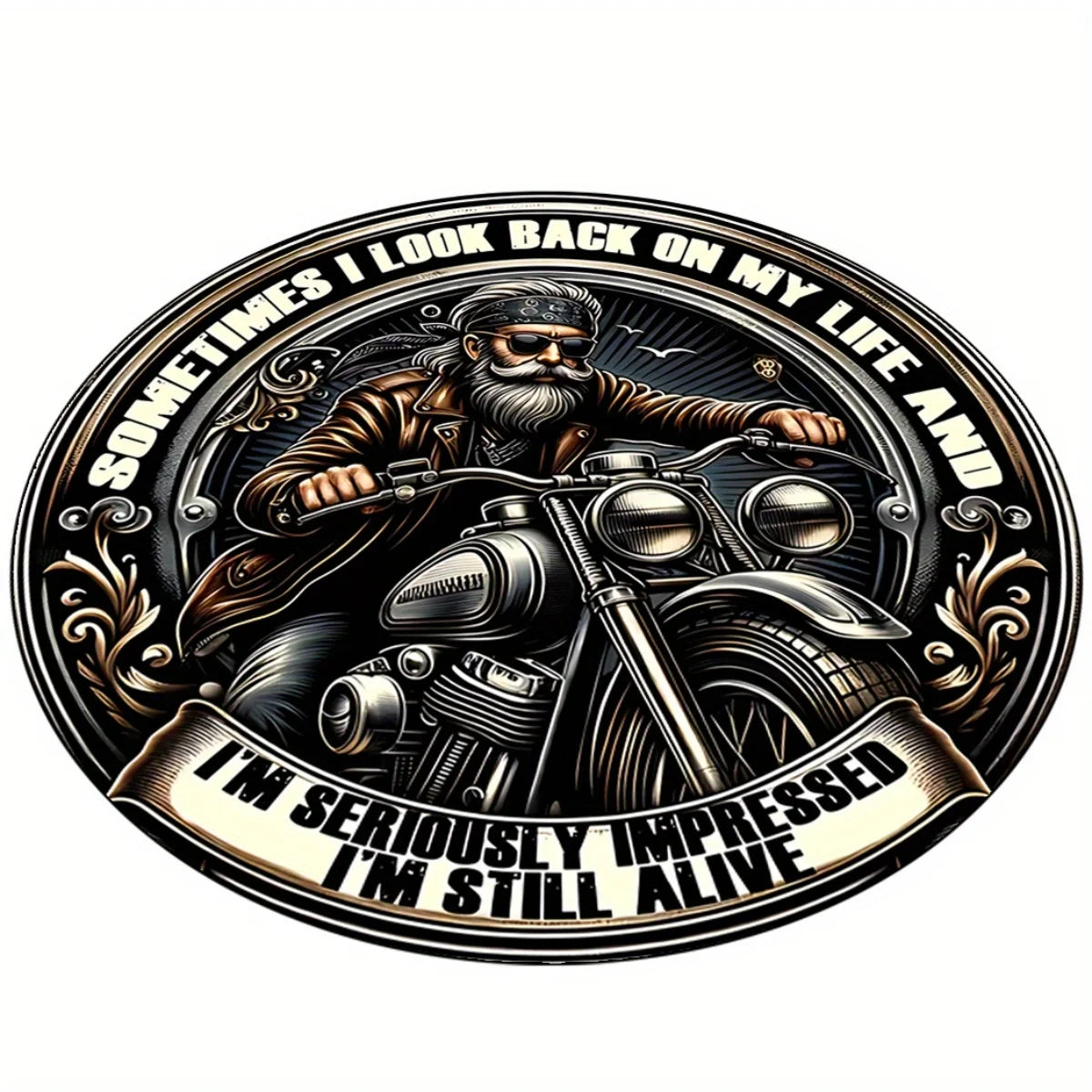 Biker Quote Print Flannel Round Rug Motorcycle Art Design Cool Man Theme Decor Soft Floor Mat For Garage Patio Outdoor