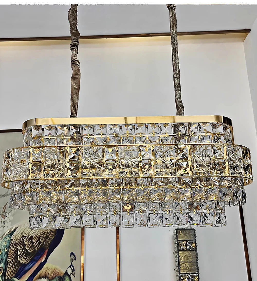 Luxury Glittering Crystal Long Pendant Lights Modern Lustres LED Oval Hanging Lamps for Ceiling Home Decor for Dining Room