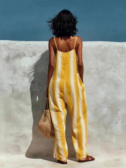 Women's Striped Print Street Loose Casual Sleeveless Pocket Playsuits Elegant Off Shoulder Suspender Jumpsuits and Rompers
