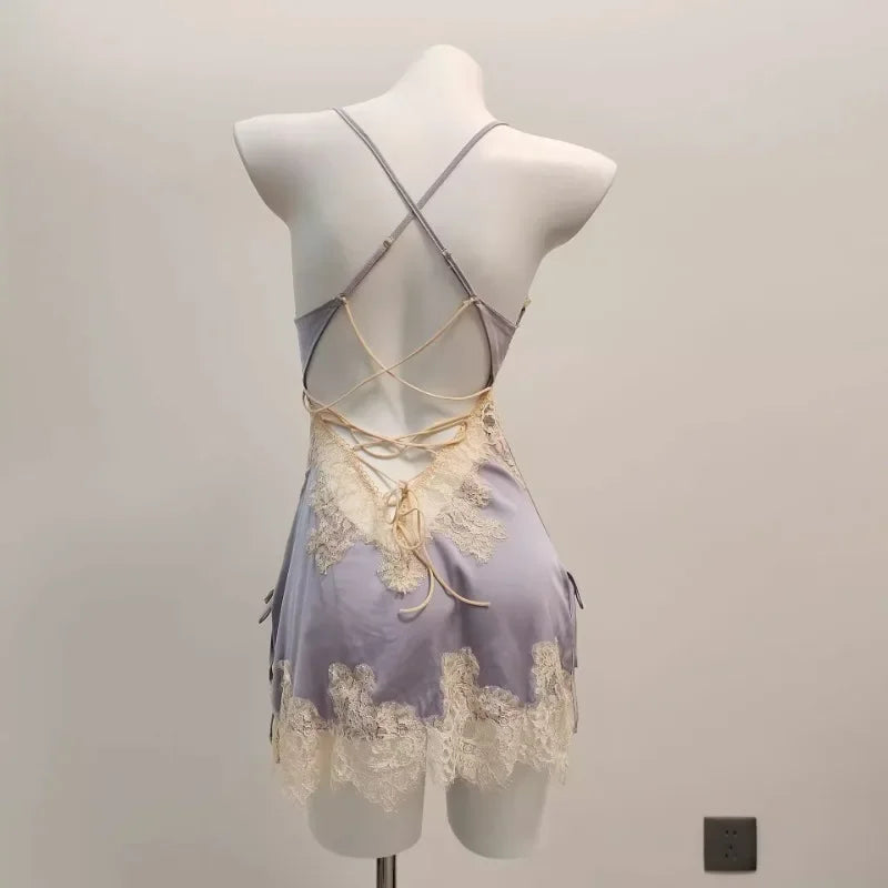 Sexy Pajamas for Women Nightwear Ice Silk Lace Beautiful Back Suspender Pajama Night Dress Elegant Strap Sweet Nightgown 2025
