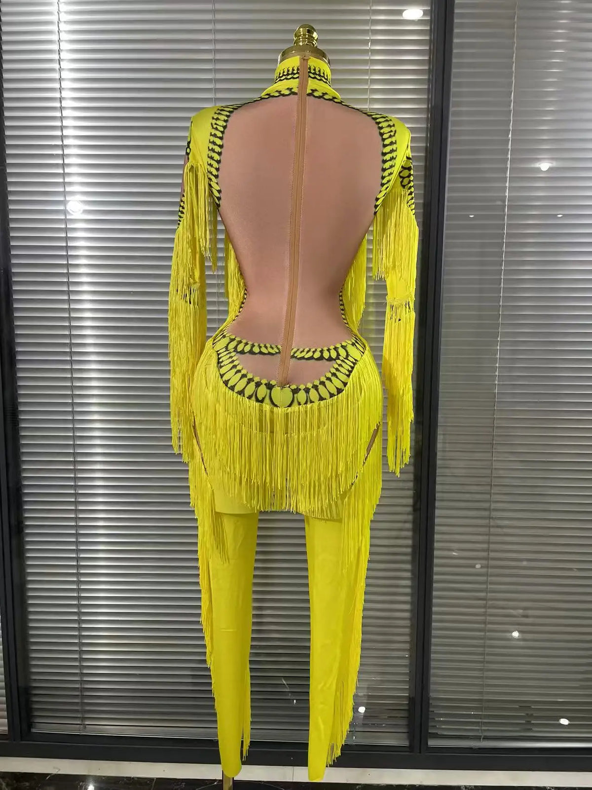 Yellow Tassel Jumpsuit Women Long Sleeve Spandex Skinny Fringe Leotard Sexy Stage Wear DJ Singer Dancer Party Show Costume