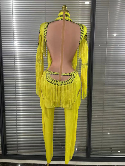 Yellow Tassel Jumpsuit Women Long Sleeve Spandex Skinny Fringe Leotard Sexy Stage Wear DJ Singer Dancer Party Show Costume