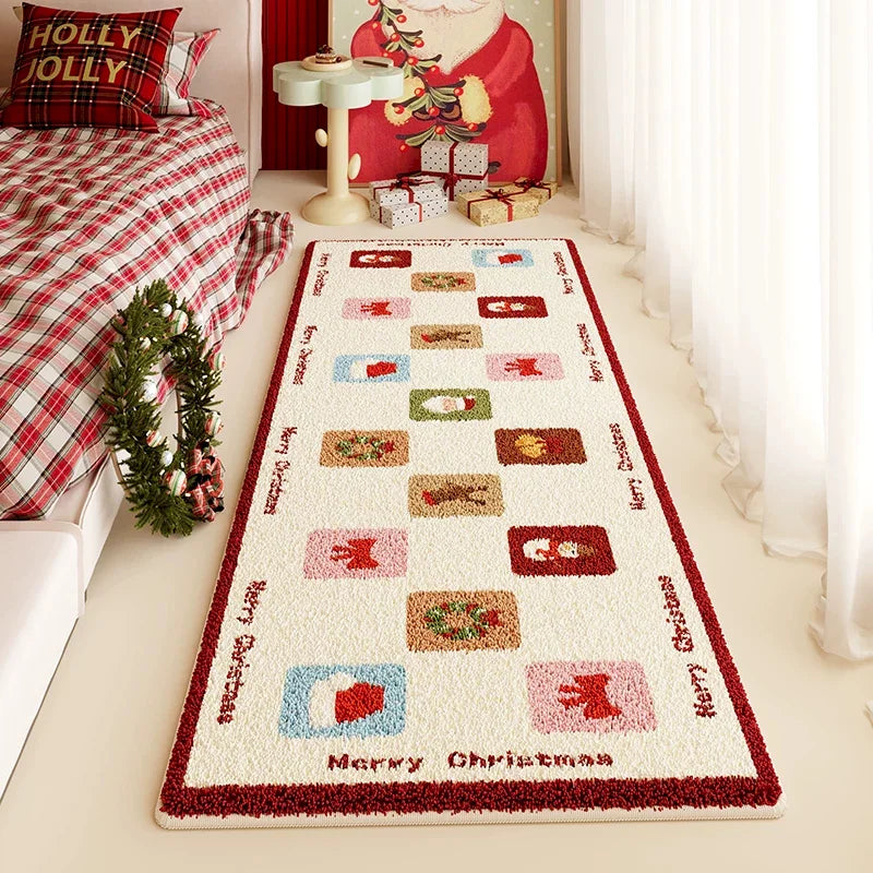 VIKAMA Holly Jolly Christmas Bedside Rug Plush Soft Non Slip Carpet Santa Tree Bedroom Floor Mat Decoration