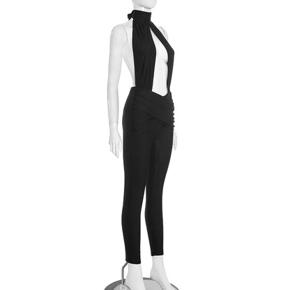 Halter Backless Jumpsuit Woman Sexy Hollow Fit Patchwork Waist Ruched Midnight Activity Workout Streetwear Overalls