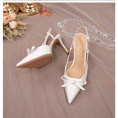 Women Pumps White Wedding Shoes Bride Luxury Satin Butterfly-knot Pointed Toe Adjustable Slingback Heels Elegant Women Heels