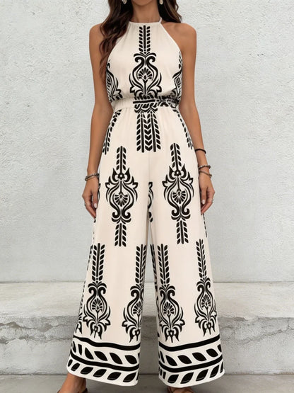 New Trendy Women's One-Piece Pants, with Loose Leg Design, lightweight and Smooth Fabric, High Elasticity Waistband, Black and White Retro Ethnic Print, American Size, Shipped from the US Warehouse, Fast Delivery, Bohemian St