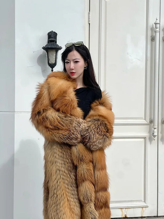 European and American big brand light luxury rare red fox fox fur coat women's long aura high-end catwalk young style winter