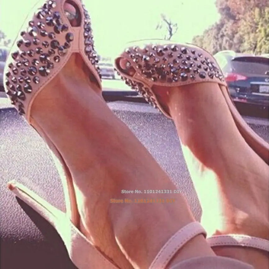 Suede Peep-toe High Heel Ankle Strap Rivets Sandal Women Cut-out Crystal Front High Dress shoes woman Designer Women Pumps