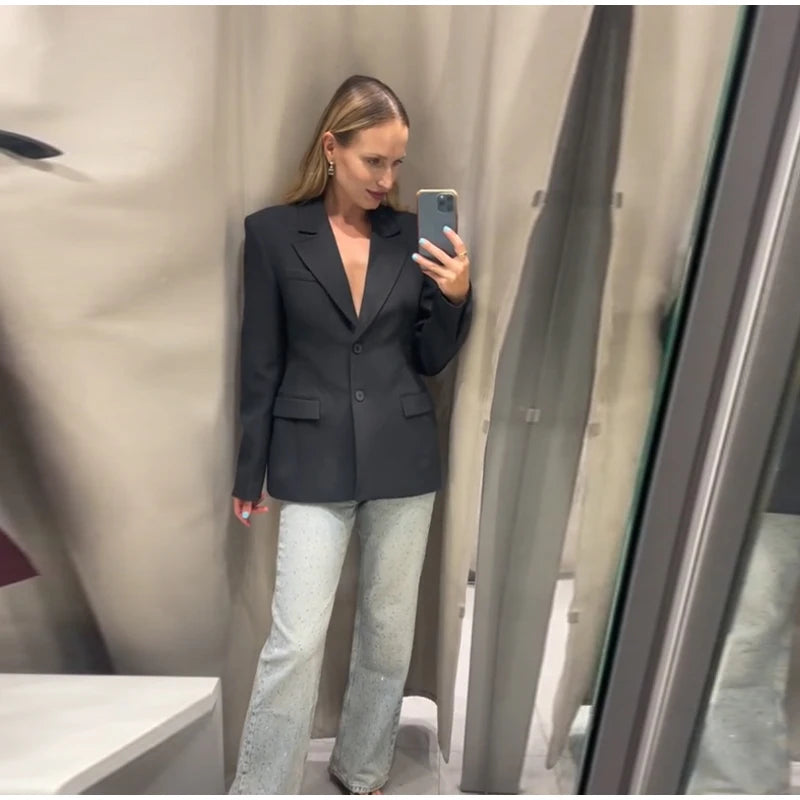 Elegant Shoulder Pad Slim Suit Jackets Women Solid Lapel Long Sleeved Jacket Female 2025 Spring Chic Daily Style Outwears Tops