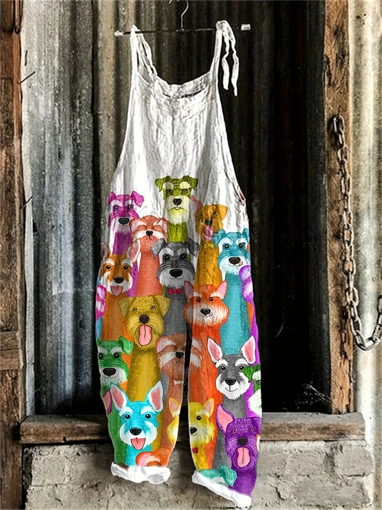 New Summer Women's Jumpsuit Cartoon Dog Print Fashion Cute Casual Jumpsuit Women's Parent-Child Outdoor Travel Lace-Up Jumpsuit