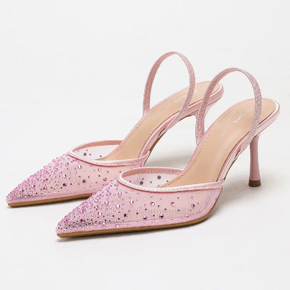 Rhinestone Luxury Heeled Sandals Women Shiny Mesh Mules Shoe Breathable Pointed Toe Pumps Women Elegant High Heels Wedding Shoes