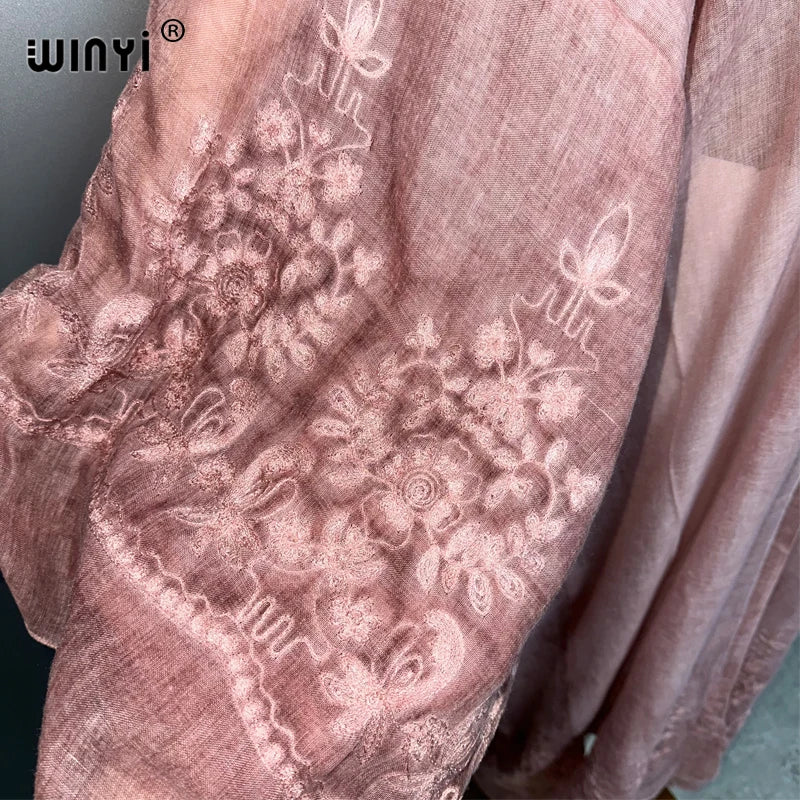 WINYI Kimono Hand-Dyed Embroidered Cardigan Beachwear Evening Dress Abaya Dubai Luxury Cover-Ups Beach Outfits Women Maxi Coat