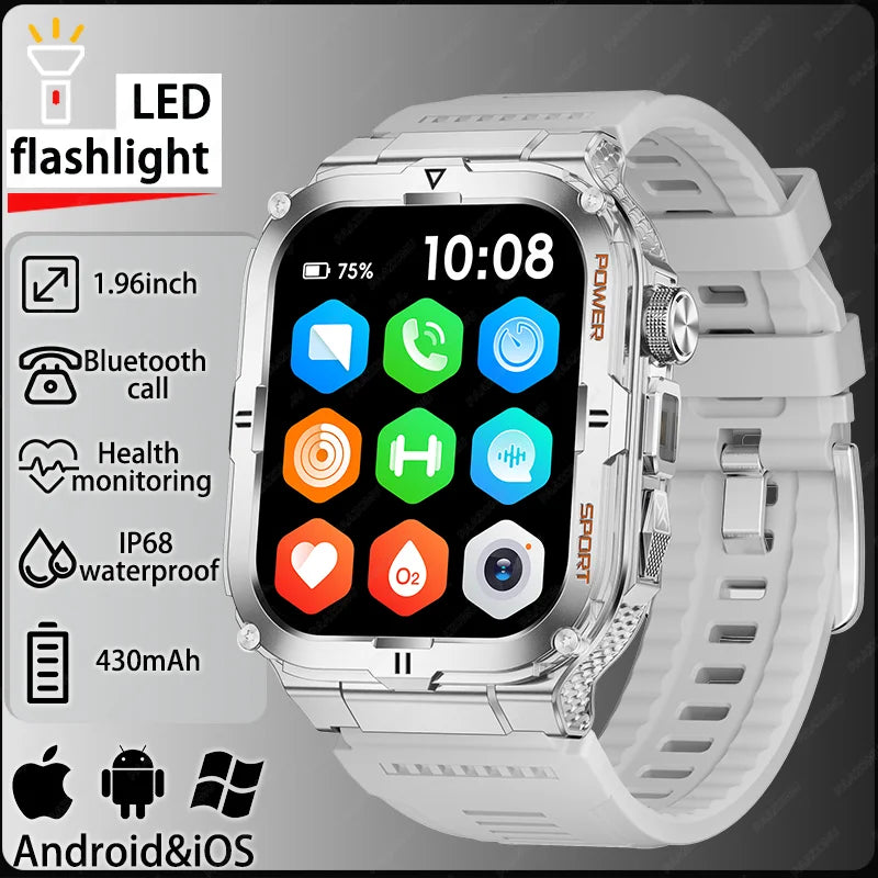 New Men's Smart Watch LED Flashlight waterproof Outdoor Sports Watch Health Monitoring Fitness tracker Suitable for IOS Android