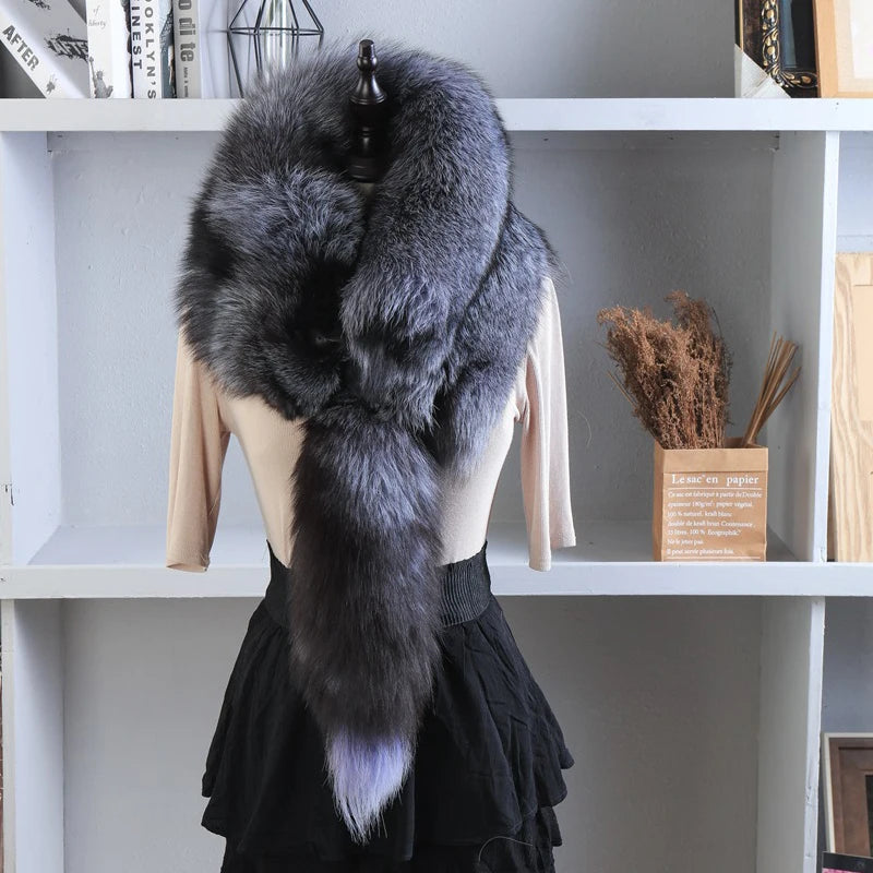Unisex Real Fur Fox Scarf Men Woman Winter Warm Natural Fur Shawl Soft Headscarf Super big Gray Silver Fox Scarf Fur Accessories