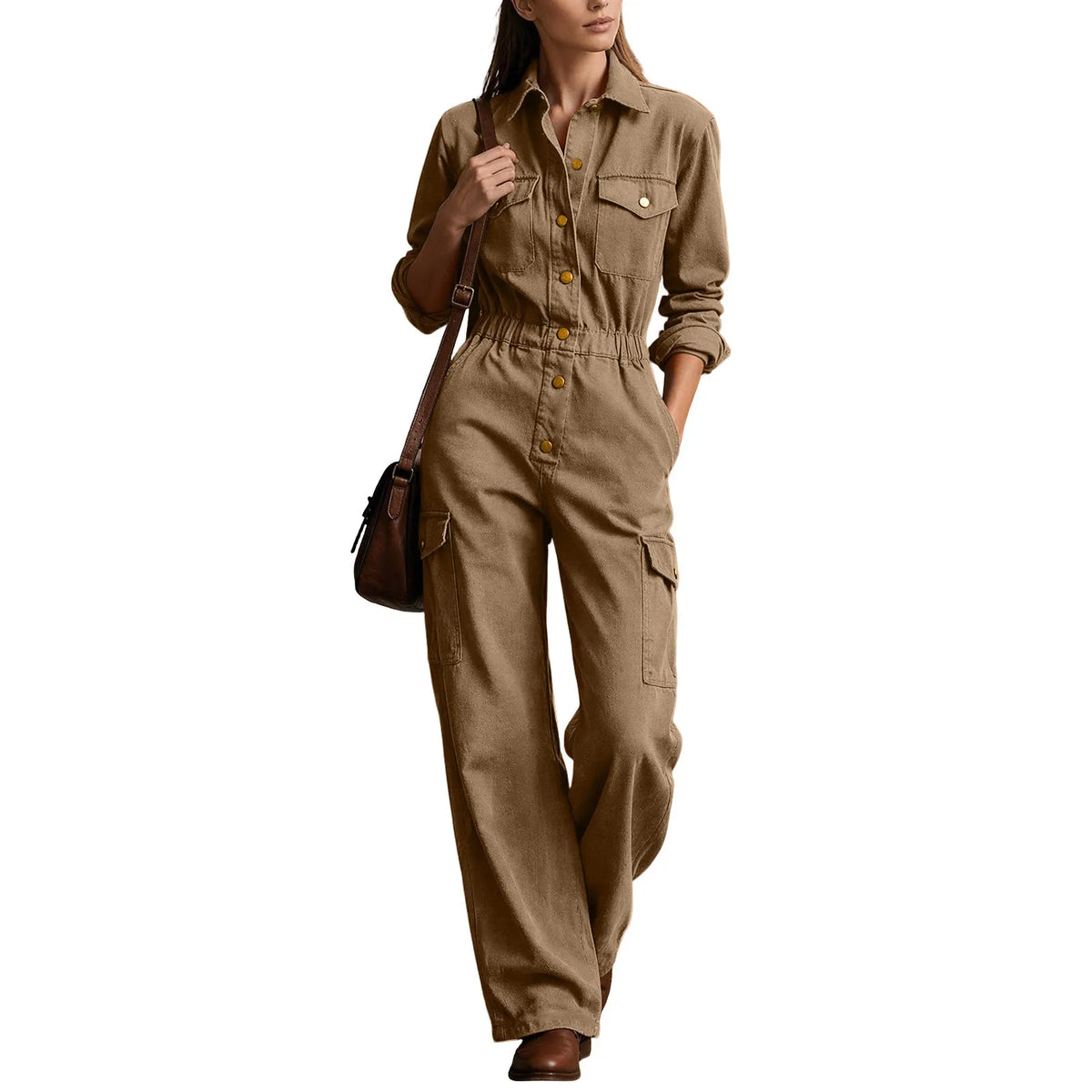 Casual Lapel Button High Waist Romper Autumn Fashion Lady Pocket Playsuits Overalls Vintage Long Sleeve Wide Leg Jumpsuits