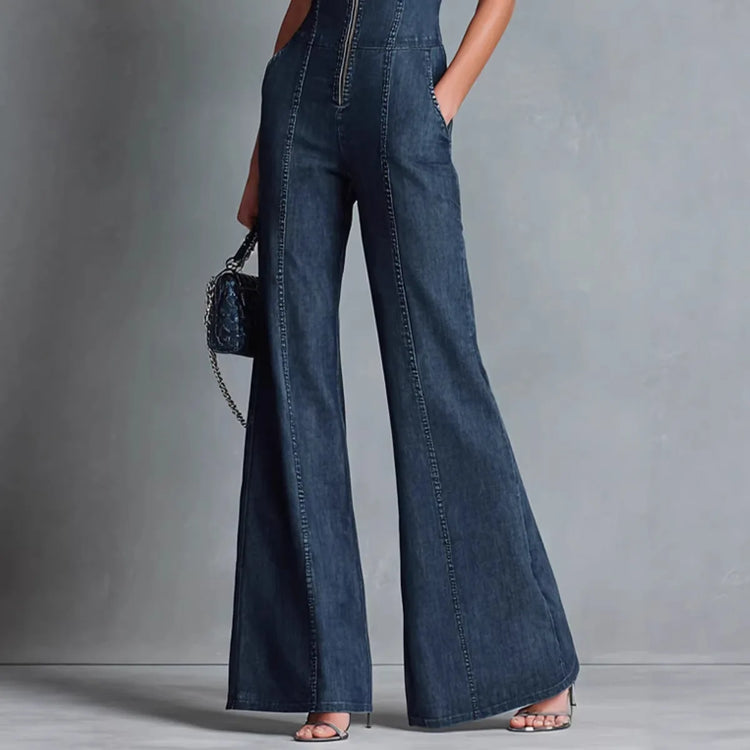 Streetwear Women's Denim Sleeveless Flare Jumpsuit, High Neck Front Zip Wide Leg Overalls Casual Cargo Denim Jumpsuit