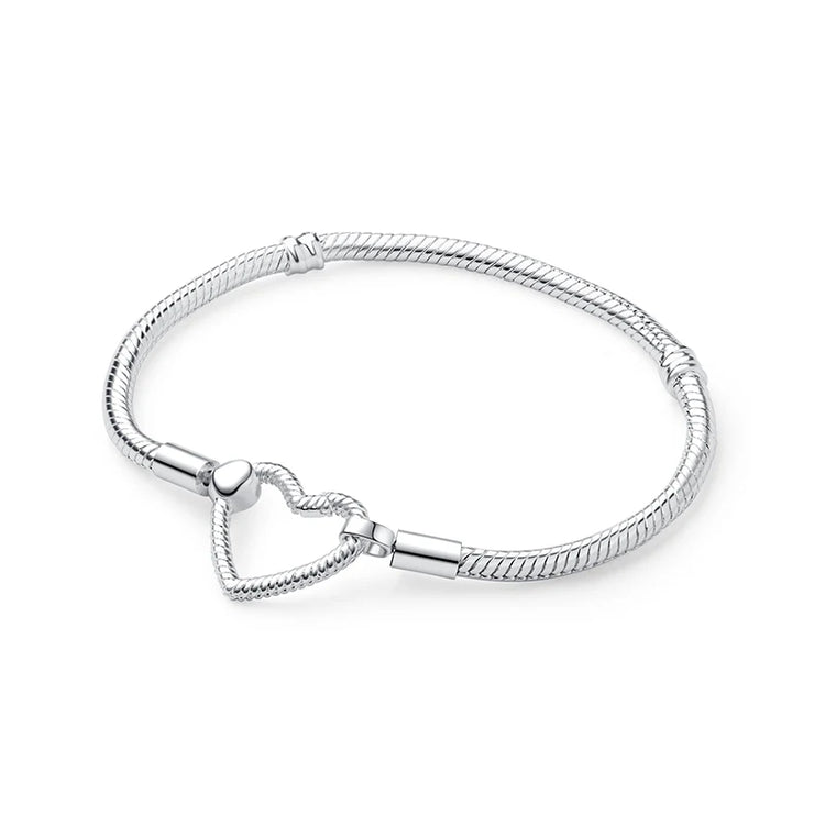 Original 925 Sterling Silver Bracelets Bangles Love Heart Clip Charms Beads Snake Chains For Women Rose Gold DIY Luxury Jewelry